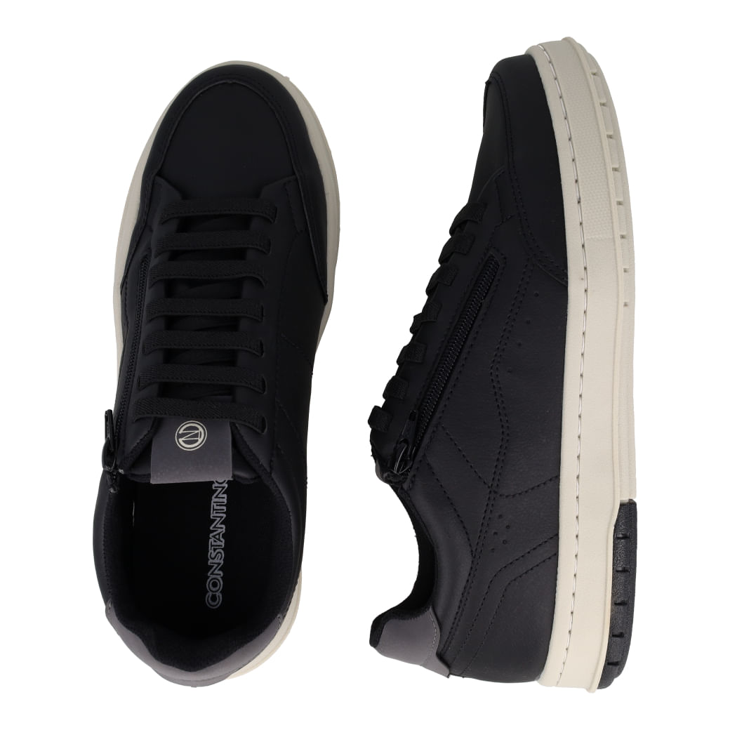 Tênis Casual Constantino masculino preto vista lateral com fechamento por cadarço e zíper